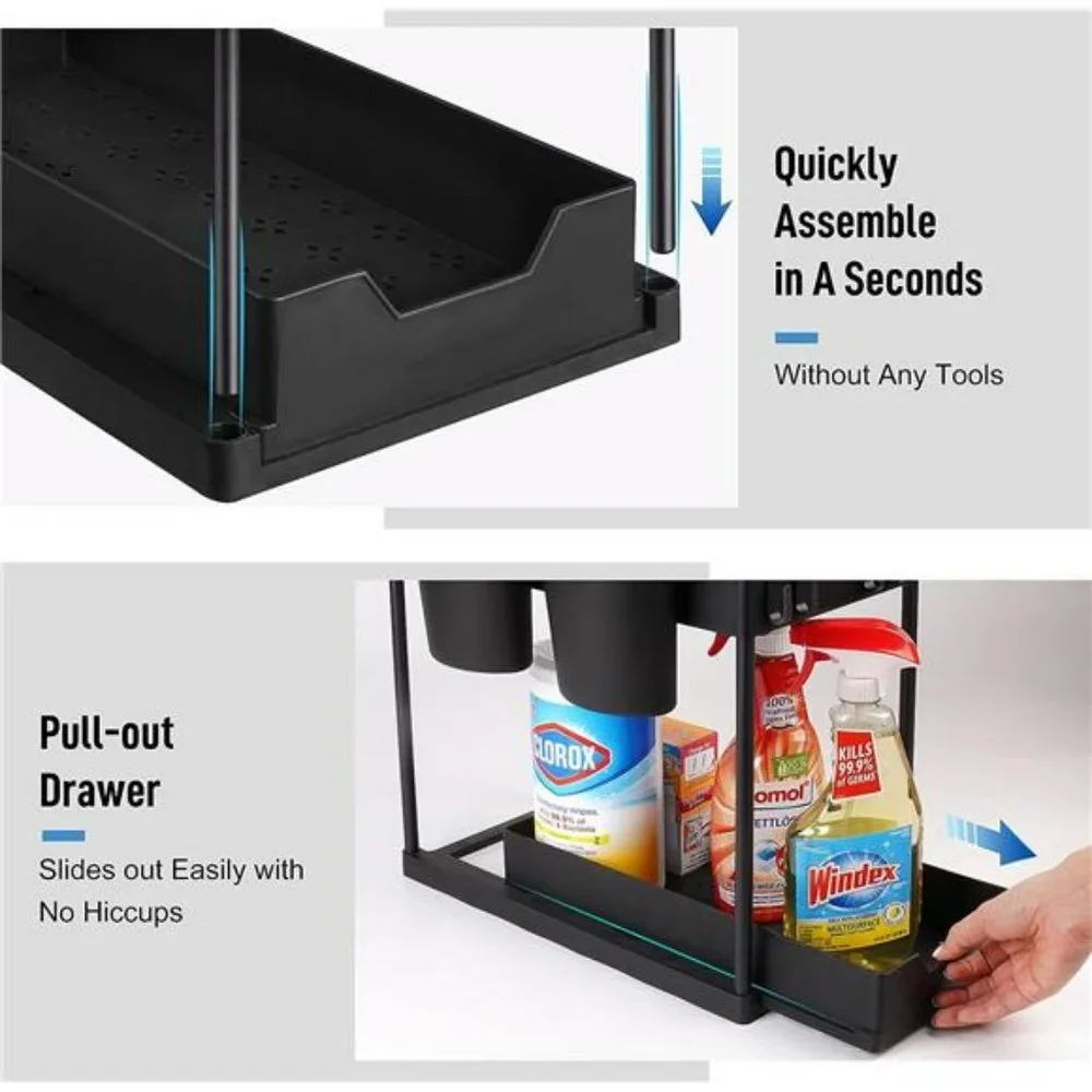 2 Pack Under Sink Organizers & Storage with Sliding Drawer, 2 Tier, Modern Black